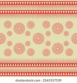 This image presents a pattern with a pale yellow background. The pattern is organized into distinct horizontal sections:Features rows of small, stylized red flowers with a gradient effect,