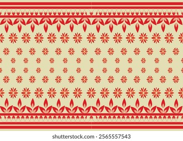 This image presents a pattern with a pale yellow background. The pattern is organized into distinct horizontal sections:Features rows of small, stylized red flowers with a gradient effect,