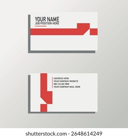 Esta imagem apresenta um mock-up profissional de dois lados para cartões de visita, caracterizado por suas linhas limpas e um esquema arrojado em vermelho e branco.