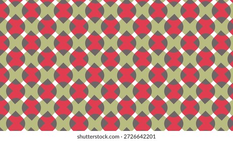Dieses Bild zeigt ein nahtloses geometrisches Retro-Muster ineinander greifender roter und weißer abgerundeter Diamanten mit Kohle-Halbkreisen, die ein rhythmisches Gitter bilden, das durch winzige weiße Diamantlücken unterbrochen ist.