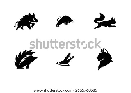 This image presents a set of animal silhouettes in black, including a wild boar, a bull, a squirrel, a hedgehog, a crocodile emerging from the water, and a wolf's head. 
