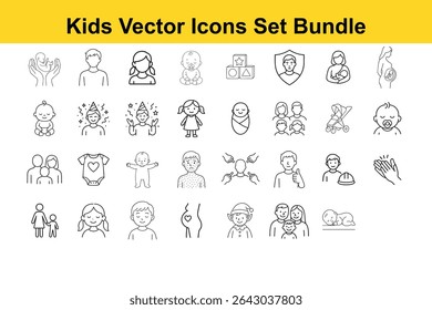 This image presents a set of black and white vector icons representing children, families, pregnancy, and childhood related themes.
