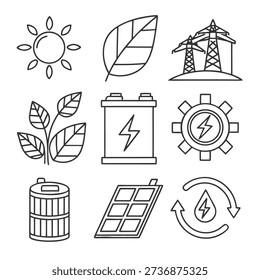 This image presents a set of black and white line icons illustrating various aspects of energy production, storage, and environmental sustainability, including solar, batteries, and recycling. high-quality