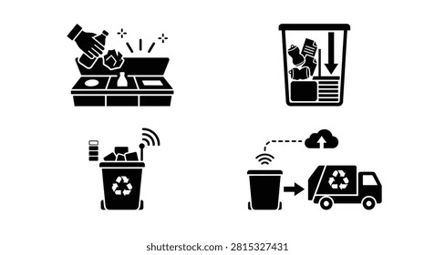 This image presents a set of black silhouette icons depicting the recycling process, from waste disposal to collection. The icons showcase hand pouring waste, sorting, sensor technology, and a truck transporting materials.