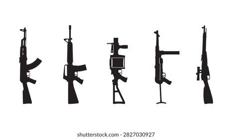 This image presents a set of black silhouette illustrations showcasing different firearms, including rifles and machine guns, in a flat