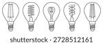 This image presents a set of five light bulb illustrations arranged horizontally, each featuring a distinct filament design. The bulbs are drawn in a clean, precise black outline style against a white background, emphasizing clarity, symmetry, and technical accuracy. All bulbs share a classic rounded glass shape and a traditional screw base, while the internal filaments vary in structure, showcasing different approaches to incandescent and decorative filament design.

Among the filaments are straight vertical rods, tightly wound spirals, double-loop heart-like forms, elongated helical coils, and multi-rod filament arrangements. These variations highlight both functional and aesthetic aspects of light bulb construction, referencing vintage Edison bulbs as well as stylized modern interpretations. The uniform line weight and minimal detailing give the illustrations a schematic, almost blueprint-like appearance.