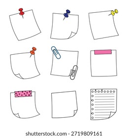 Esta Imagen presenta un conjunto de nueve papeles de notas en blanco o notas adhesivas en un estilo de dibujos animados dibujado a mano. Las notas están dispuestas en una cuadrícula y cuentan con varias formas de unión, que incluyen chinchetas rojas, azules y amarillas, cintas decorativas de color rosa sólido y rosa estampado, y clips de papel azules y grises. Una nota es lisa, mientras que otra se asemeja a un pedazo de papel de cuaderno forrado con agujeros perforados a lo largo del borde izquierdo. Las notas tienen esquinas rizadas y sombras, dándoles una estética alegre y juguetona, perfecta para recordatorios, presentaciones o diseños relacionados con la papelería en general.