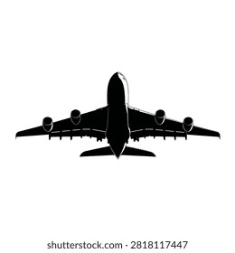 This image presents a silhouette of a large passenger airplane against a clean white backdrop. The airplane is depicted in a high-angle shot, highlighting its wings and engines. The use of black and white creates a stark contrast, emphasizing the aircraft's form. This illustration is suitable for various commercial and editorial applications.