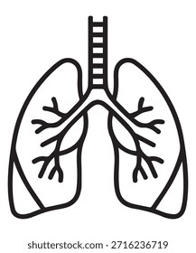 Esta Imagen presenta un simple dibujo de líneas en blanco y negro del sistema respiratorio humano. El diagrama ilustra claramente los dos pulmones, la tráquea (tráquea) en la parte superior y los bronquios que se ramifican hacia los pulmones. El estilo es limpio y minimalista, adecuado para materiales educativos, infografías médicas o como un icono de la atención médica para representar la respiración, la salud respiratoria o la anatomía.