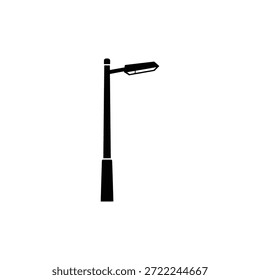 Esta imagem apresenta uma simples silhueta em preto e branco de uma moderna luz de rua. O design apresenta um poste alto e reto com um braço horizontal que se estende a partir da parte superior, suportando um dispositivo leve elegante e plano. O estilo minimalista e o contraste gritante tornam adequado para uso como ícone, pictograma ou elemento em projetos de design gráfico relacionados a infraestrutura urbana, planejamento urbano, serviços públicos ou segurança noturna.