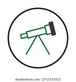 Esta imagem apresenta um simples desenho em linha de um telescópio, envolto por uma borda circular. Ele transmite um senso de exploração e descoberta dentro dos domínios da ciência e astronomia. O