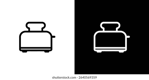 This image presents a simple, yet elegant, line art icon of a toaster. The design is showcased in both black and white versions, offering versatility.