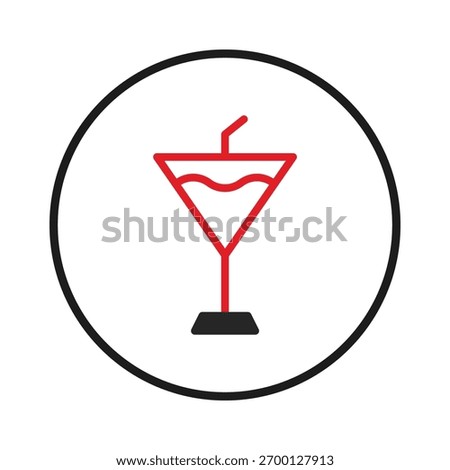 This image presents a simplified depiction of a cocktail within a circle. The design is modern and clean, featuring red outlines against a white backdrop. It suggests refreshment, celebration, and