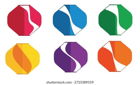 Esta imagem apresenta seis desenhos geométricos abstratos, cada um mostrando uma combinação única de cores vibrantes. As formas apresentam linhas curvas e bordas nítidas, criando um efeito visual dinâmico. Os desenhos são apresentados sobre um fundo branco, sugerindo a sua adaptabilidade para usos diversos, desde aplicações comerciais a editoriais.