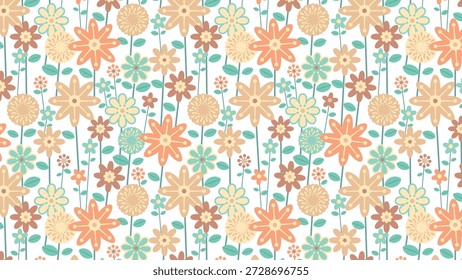 Esta imagem apresenta um padrão suave e sem emenda de delicadas flores e folhas estilizadas em tons quentes de pêssego, coral, hortelã e bege sobre um fundo branco, criando um design floral suave e terroso.