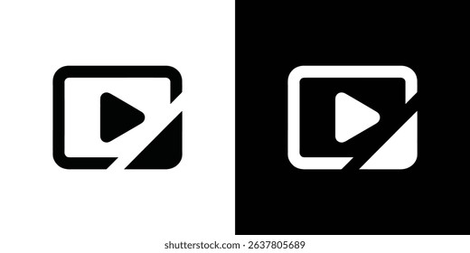 This image presents a split screen, each side displaying the same icon in contrasting colors a play button inside of a square with rounded corners.
