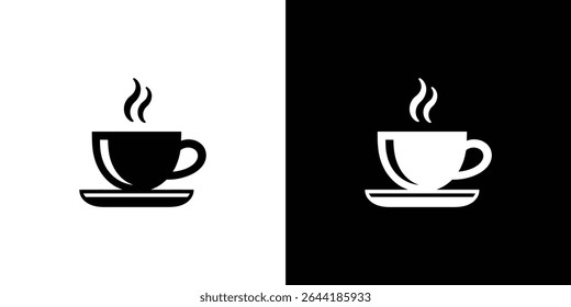 This image presents a split screen with black coffee cup on white background and reversed white coffee cup on black, both steaming. Ideal for menu design, branding.