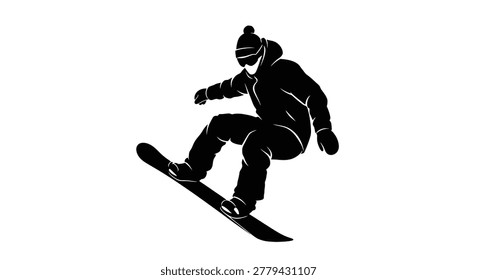 This image presents a stark black silhouette of a snowboarder dynamically positioned mid-air while executing a trick on a snowboard, set against a clean white background.