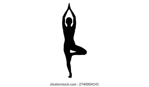 This image presents a striking black silhouette of a person in tree pose, a common yoga asana, emphasizing the distinctive silhouette style.