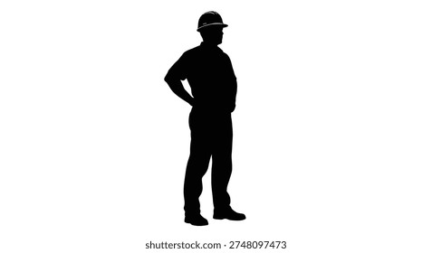 This image presents a striking black silhouette of a construction worker, emphasizing the form and shape with a clean, distinctive silhouette style.