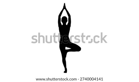 This image presents a striking black silhouette of a person in tree pose, a common yoga asana, emphasizing the distinctive silhouette style.