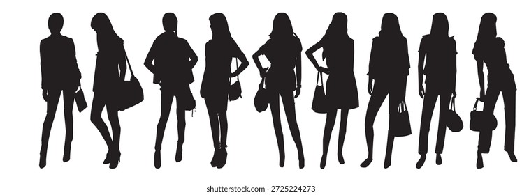 Dieses Bild zeigt eine auffällige horizontale Ausrichtung von neun verschiedenen weiblichen Silhouetten auf unberührtem weißem Hintergrund. Jede Figur ist in einfarbigem Schwarz gerendert, wobei ihre Konturen und abwechslungsreichen Posen hervorgehoben werden. 