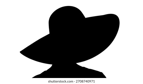 This image presents a striking silhouette of a woman wearing a sophisticated wide-brimmed hat against a stark white background. The minimalist aesthetic emphasizes elegance and mystery, making it a