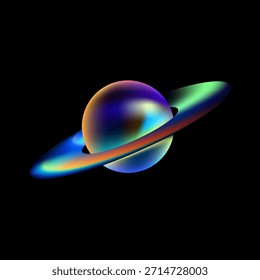 Dieses Bild zeigt eine atemberaubende abstrakte Darstellung eines Planeten, der auf einem krassen, schwarzen Hintergrund steht, der seine lebendigen Farben betont. Der zentrale kugelförmige Körper weist eine glatte, Farbverlauf-Mischung aus Blues, Purpur und schwachem Gelb auf, was ihm eine leuchtende, ätherische Qualität verleiht. Um den Planeten herum befinden sich auffällige Ringe, die ebenfalls mit einem dynamischen Farbspektrum wie hellen Blautönen, Grün, Gelb und Orangen gerendert sind, was einen auffälligen Kontrast und Bewegungsgefühl erzeugt. Die Ringe scheinen sich um den Planeten zu wickeln und verleihen ihm Tiefe und eine futuristische, kosmische Ästhetik. Die Gesamtkomposition ist minimalistisch, aber dennoch eindrucksvoll und hebt das Zusammenspiel von Licht und Farbe in einem himmlischen Kontext hervor, was ein Gefühl von Staunen und fortschrittlicher digitaler Kunst hervorruft.