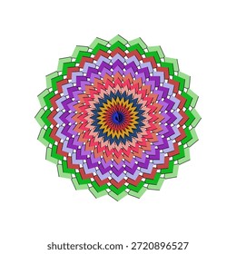 This image presents a stunning abstract mandala design, characterized by its vibrant and rich color palette. The central motif expands outwards in numerous concentric rings, each composed of small, angular zigzag or chevron shapes. The layers transition through a spectrum of hues including deep blue at the center, surrounded by radiating bands of yellow, orange, pink, purple, light blue, red-brown, and various shades of green towards the outer edge. The intricate arrangement creates a dynamic visual effect, suggesting movement and depth. It is a colorful and complex geometric pattern, ideal for backgrounds, artistic concepts, or meditative designs.