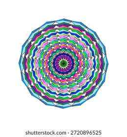 Esta Imagen presenta un impresionante y vibrante diseño de mandala caracterizado por su intrincada estructura geométrica y una rica gama de colores. El patrón irradia desde un punto central, formando múltiples anillos concéntricos. Cada anillo está compuesto por numerosos segmentos angulares Pequeños que se alternan en tono, creando una textura visual cautivadora. Los colores dominantes incluyen azules brillantes, varios verdes, púrpuras vivos, rosas suaves y Elementos blancos contrastantes, que juntos forman un efecto caleidoscópico e hipnotizante. La simetría radial precisa y la disposición en capas de las Formas contribuyen a una sensación de profundidad y armonía dentro de la composición circular. Esta obra de arte abstracta evoca una sensación de energía y equilibrio, adecuado para fines decorativos o meditativos.