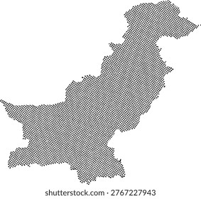 This image presents a stylized, dotted outline of Pakistan's map. The country's shape is formed by numerous small black dots on a white background, creating a textured, abstract representation. It's a minimalist depiction.