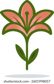 This image presents a stylized flower with a symmetrical design, featuring a green stem and leaves along with pink petals outlined in green. The artistic representation blends simplicity with elegance