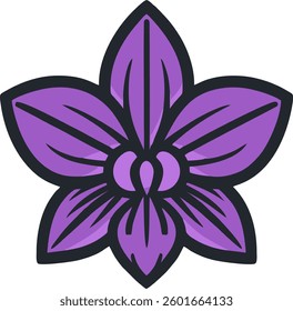 This image presents a stylized orchid flower logo with a bold and geometric design. The flower has five symmetrical petals in rich purple tones, outlined in thick black lines 