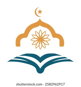 This image presents a stylized representation of Islamic faith and knowledge. At the top, a golden emblem outlines a section of a mosque dome, featuring a delicate floral motif at its center.