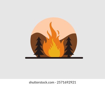 This image presents a stylized scene of a campfire within a mountainous landscape