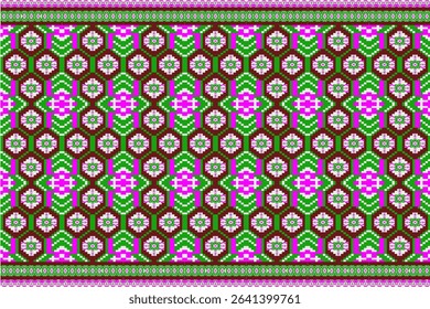 This image presents a symmetrical geometric textile pattern featuring vibrant colors and traditional motifs. The design evokes cultural elegance, suitable for fabric printing, surface pattern design