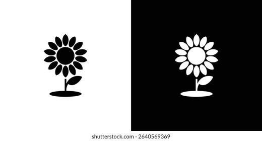 This image presents symmetrical sunflower vector icons, showcasing a contrast between black and white versions on opposite backgrounds. A simple floral design illustration.