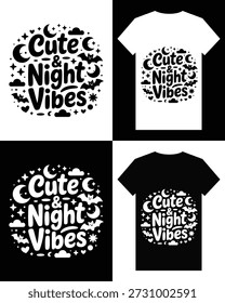 Dieses Bild zeigt ein T-Shirt-Mockup mit einem gespenstischen und doch bezaubernden Design mit Sternen, Monden, Fledermäusen und dem Satz niedliche Nachtvibes