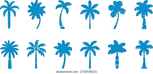 Esta Imagen presenta diez siluetas distintas de palmeras azules con diversas Formas, troncos y patrones de frondas sobre un fondo blanco.