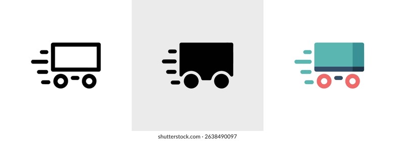 This image presents three delivery truck icon variations. They include an outlined version, a solid black silhouette, and a colorized illustration with a fast shipping visual.