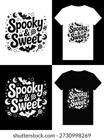 This image presents a t-shirt mockup in both white and black variations, displaying a playful halloween graphic with bats and candy.