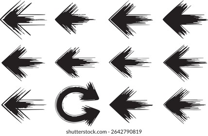 Esta imagem apresenta doze setas estilizadas, incluindo uma circular, desenhadas numa silhueta preta em negrito sobre um fundo branco. As setas exibem um formato distorcido, semelhante a pincelada