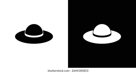 Esta imagem apresenta dois chapéus contrastantes um chapéu preto em um fundo branco e um chapéu branco em um fundo preto. Ambos apresentam um estilo clássico com uma borda.