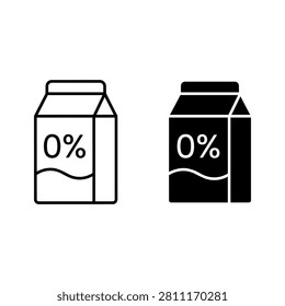 This image presents two versions of a milk carton icon, one outlined and one filled in black, both set against a white background. Each carton displays '0%' on its face, indicating a fat-free product.