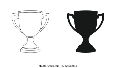 This image presents two views of a trophy – a detailed line drawing and a striking black silhouette, emphasizing its form.