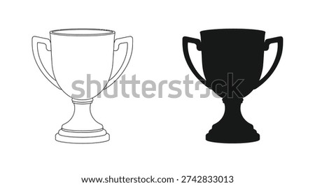 This image presents two views of a trophy – a detailed line drawing and a striking black silhouette, emphasizing its form.