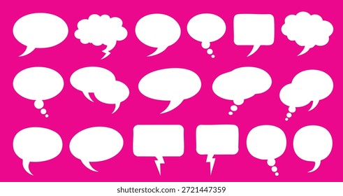 Dieses Bild zeigt eine Vielzahl von weißen Rede- und Gedankenblasen, die vor einem lebendigen rosa Hintergrund angeordnet sind. Sie sind in Form und Größe unterschiedlich und bieten Leerräume für Text oder Nachrichten.