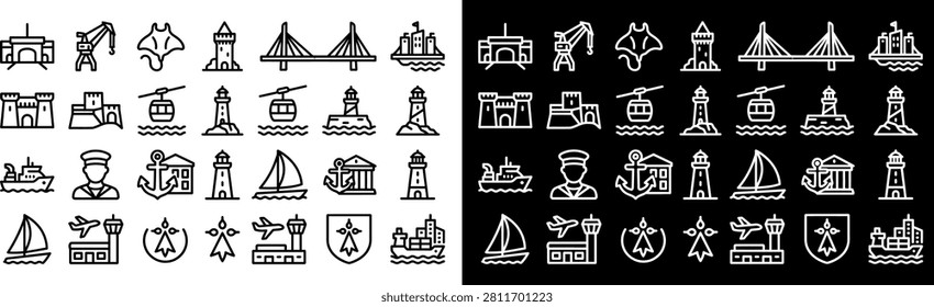 This image presents a vast grid of high-quality, minimalist line art icons representing various maritime, nautical, and travel subjects. The collection includes lighthouses, ships, sailboats, bridges, cable cars, anchors, and airport infrastructure, presented in two distinct versions: black icons on a white background and white icons on a black background.