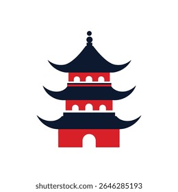 This image presents a vector-style illustration of a red and black pagoda against a white background, showcasing traditional Asian architectural design elements.