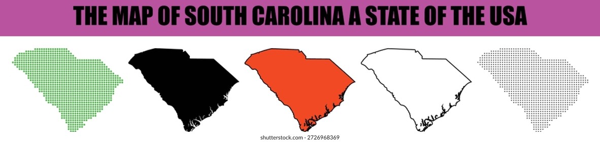 Esta Imagen presenta una colección vibrante de cinco ilustraciones de mapas de Vector diferentes que muestran el contorno geográfico de Carolina del Sur, un estado del sur de los Estados Unidos. Cada mapa varía en estilo, incluidos contornos de rellenos sólidos y patrones punteados en colores como verde, negro, naranja y blanco, todos mostrados sobre un fondo blanco brillante con un Anuncio de texto descriptivo en la parte superior